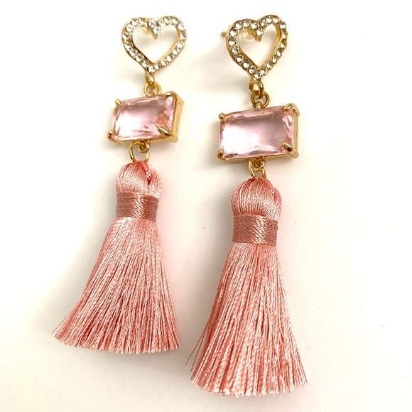 Pink Heart Love Crystal Tassel Valentine Earrings - Picture 1 of 2